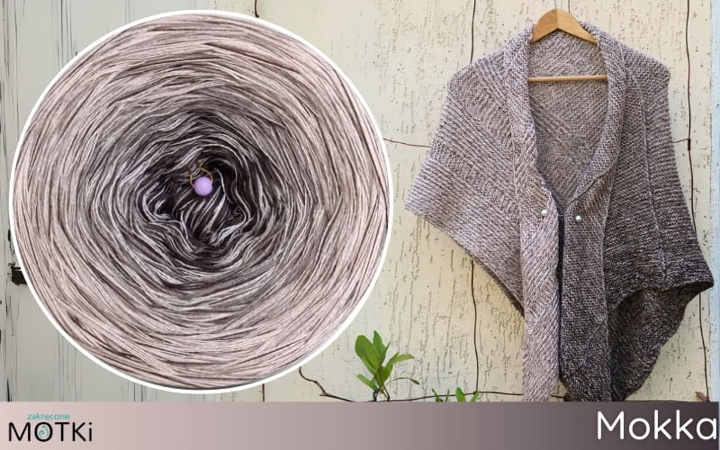 (4) Mocca Włóczka ombre 8 nitek na druty merino/akryl ombre na 4 nitkach: zimny brąz/ szaro-beżowy/ jasny beż/ jasna brzoskwinia + melanż 4 nitki: zimny brąz/ szaro-beżowy/ jasny beż/ jasna brzoskwinia