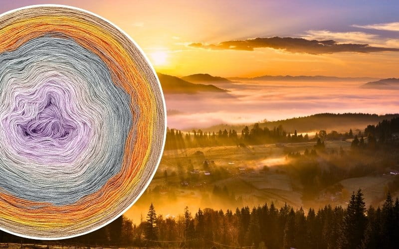 Włóczka Ombre bawełna/akryl Pastelowy świt: jasny fiolet/ pudrowy róż/ chłodny beż/ jasny szary/ szary/ koniak/ kurkuma/ glina