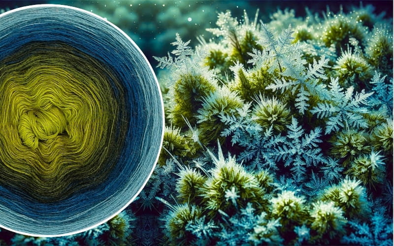 (8) Szron na Mchu - Włóczka Ombre - Merino/akryl: limonka/ oliwka/ ciemna oliwka/ khaki/ petrol/ navy/ morski/ patyna