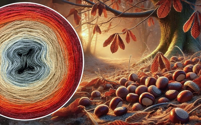 (8) Kasztanowe Echo Zimy - Włóczka Ombre - Merino/akryl: szary/ średni szary/ ciepły beż/ toffi/ ciepły brąz/ rudy/ czerwień/ bordo