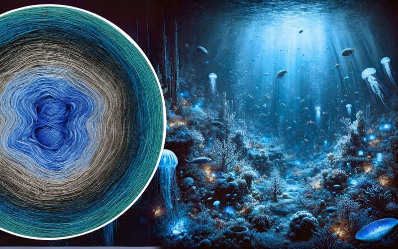(8) Mroźne Głębie - Włóczka Ombre - Merino/akryl: chaber/ błękit/ średni szary/ szary/ ciemny szary/ petrol/ navy/ morski