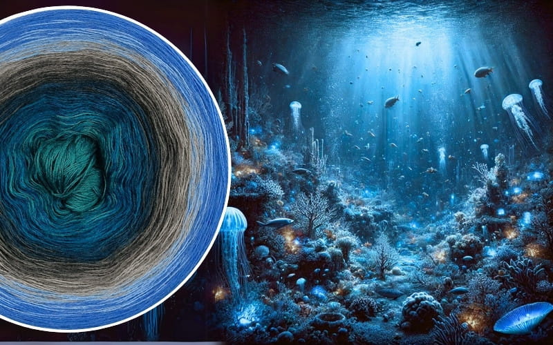 (8) Mroźne Głębie - Włóczka Ombre - Merino/akryl: morski/ navy/ petrol/ ciemny szary/ szary/ średni szary/ błękit/ chaber