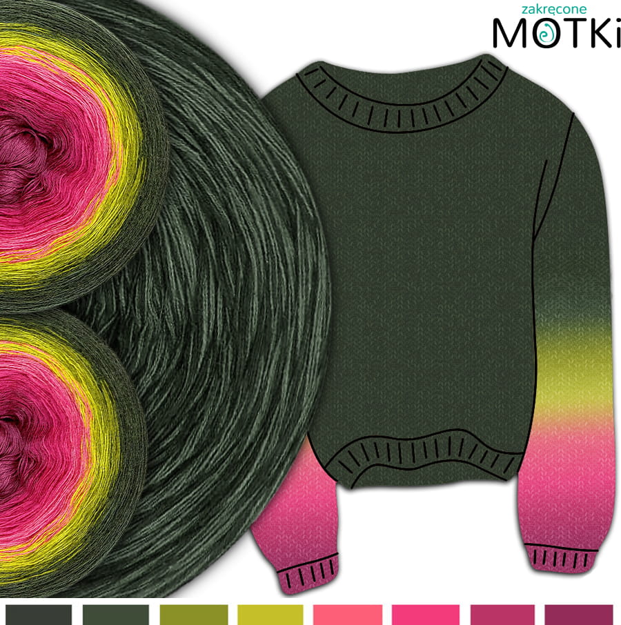 (8) Komplet motków na Sweterek Jeżynowa Polana - merino/akryl: jeżyna/ piwonia/ hot pink/ guma balonowa/ limonka/ oliwka/ wojskowa zieleń/ khaki