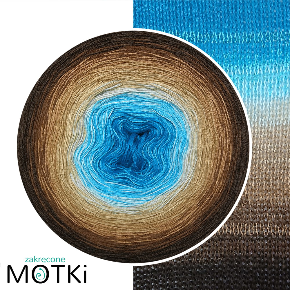 (8) Karmel w Chmurce - Włóczka Ombre merino/akryl: lazur/ turkus/ jasny błękit/ ciepły beż/ toffi/ ciepły brąz/ ciemny brąz/ czekolada