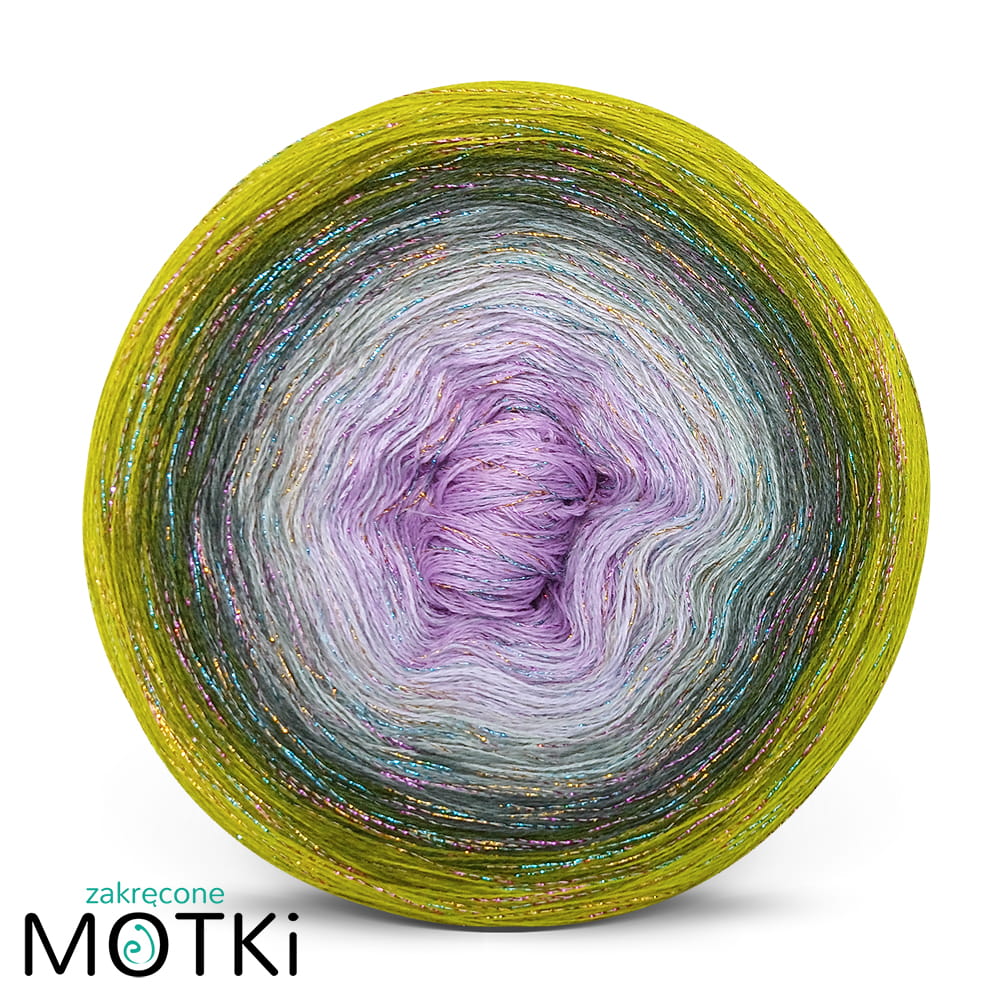 (8) Fiołkowe Tchnienie Glamour Glossy - Włóczka Ombre merino/akryl: limonka/ oliwka/ ciemna oliwka/ szary/ średni szary/ jasny szary/ lawenda/ lila + lurex jasna tęcza