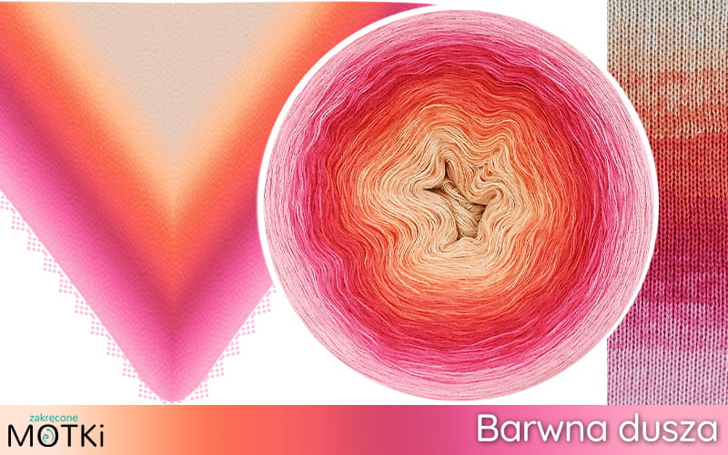 Barwna Dusza Włóczka Ombre Dzień Kobiet 2025 b/a: jasna brzoskwinia/ łososiowy/ jasny koral/ koral/ piwonia/ jasna fuksja/ magneta/ landrynkowy róż