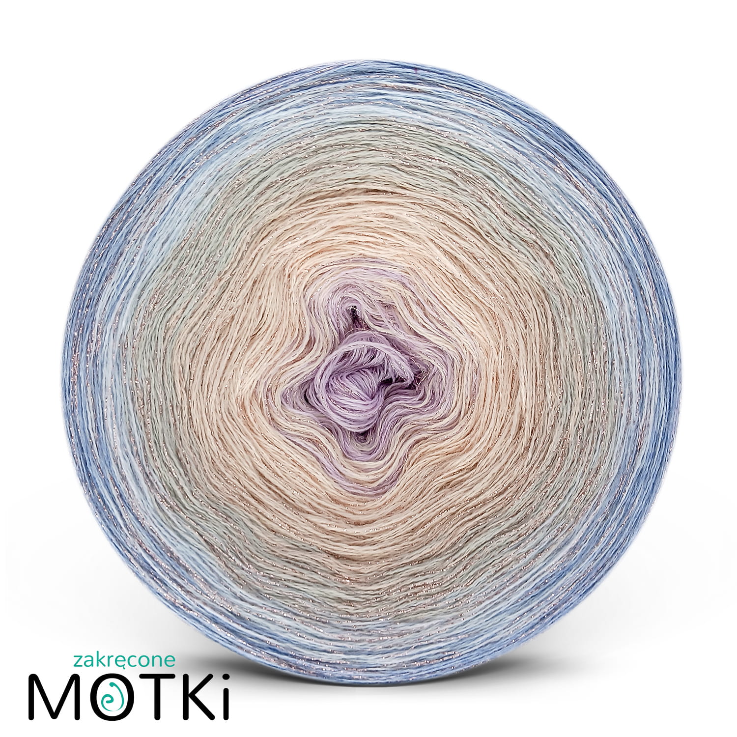 (6) Pastelowe Wybrzeże Glamour Glossy - Włóczka Ombre merino/akryl: lawenda/ jasna brzoskwinia/ jasny beż/ jasny szary/ jasny niebieski/ jeans + lurex pudrowy róż