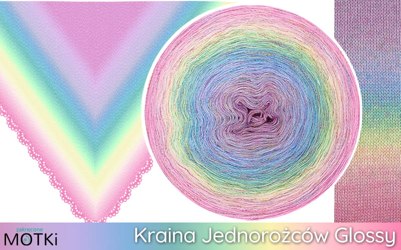 (10) Motek Ombre b/ a Kraina Jednorożców Glossy: wrzos/ jasny fiolet/ krokus/ błękit/ patyna/ mięta/ jasny żółty/ jasny róż/ landrynkowy róż/ magneta + lurex jasna tęcza
