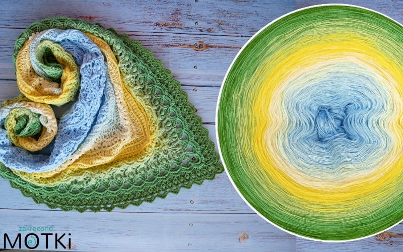(7) Motek Ombre Bliźnięta bawełna/akryl: baby blue/ jasny błękit/ jasny żółty/ słoneczny żółty/ liściasta zieleń/ zielony/ paproć