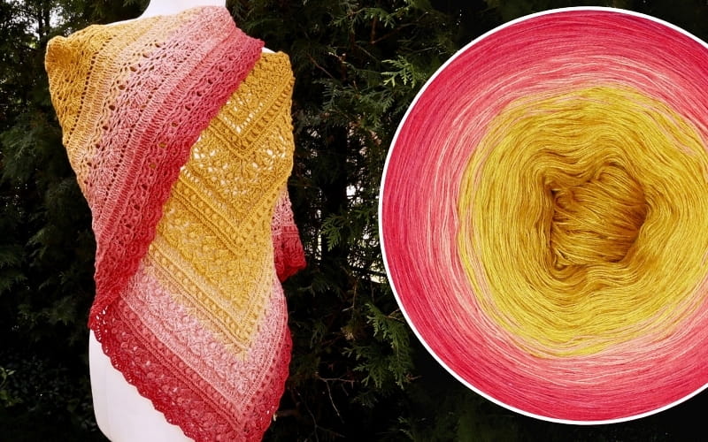 (7) Motek Ombre Lew bawełna/akryl: curry/ kurkuma/ żółty/ łososiowy róż/ jasny koral/ koral/ intensywna czerwień