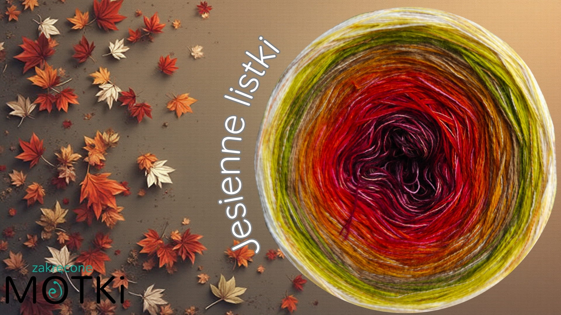 (11) Jesienne listki- Włóczka Ombre merino/akryl: wino/ bordo/ czerwień/ rudy/ koniak/ curry/ ciepły brąz/ oliwka/ limonka/ jasny żółty/ ecru/ plus tęczowa nitka bawełna 100% czerwień/ brąz