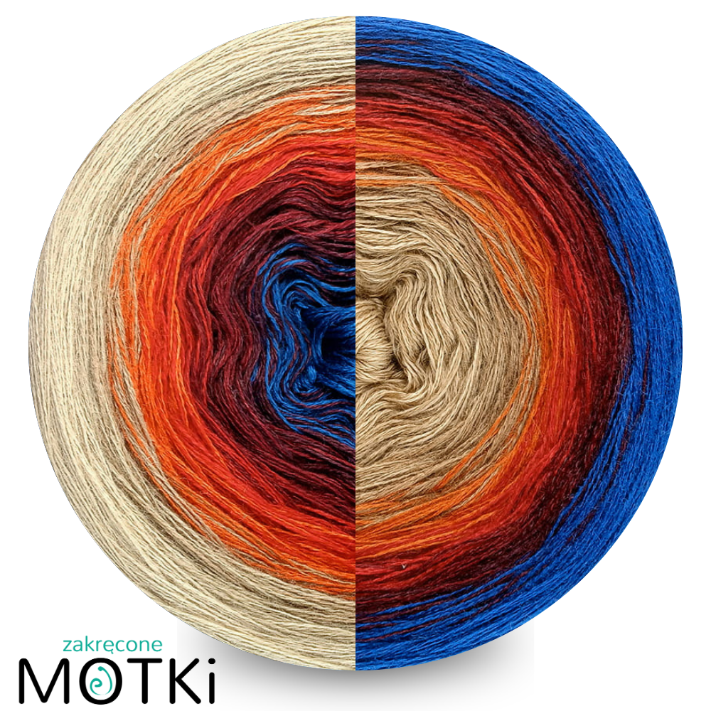 (8) Toffi na Fali - Włóczka Ombre - Merino/akryl: ciemny niebieski/ wino/ bordo/ czerwień/ rudy/ ciepły brąz/ toffi/ ciepły beż